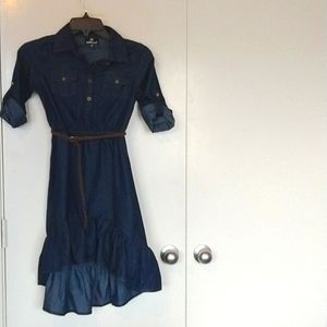 Girl's size 7-8 dollhouse high-low belted short sleeve chambray denim jean dress